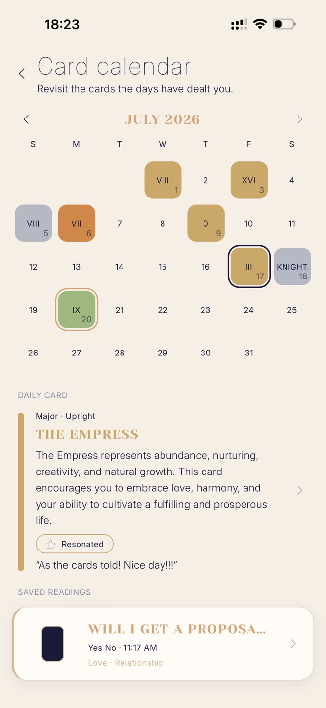 The Arclum card calendar showing a month of daily cards