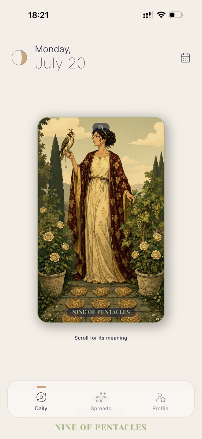The daily card screen in Arclum showing the Nine of Pentacles