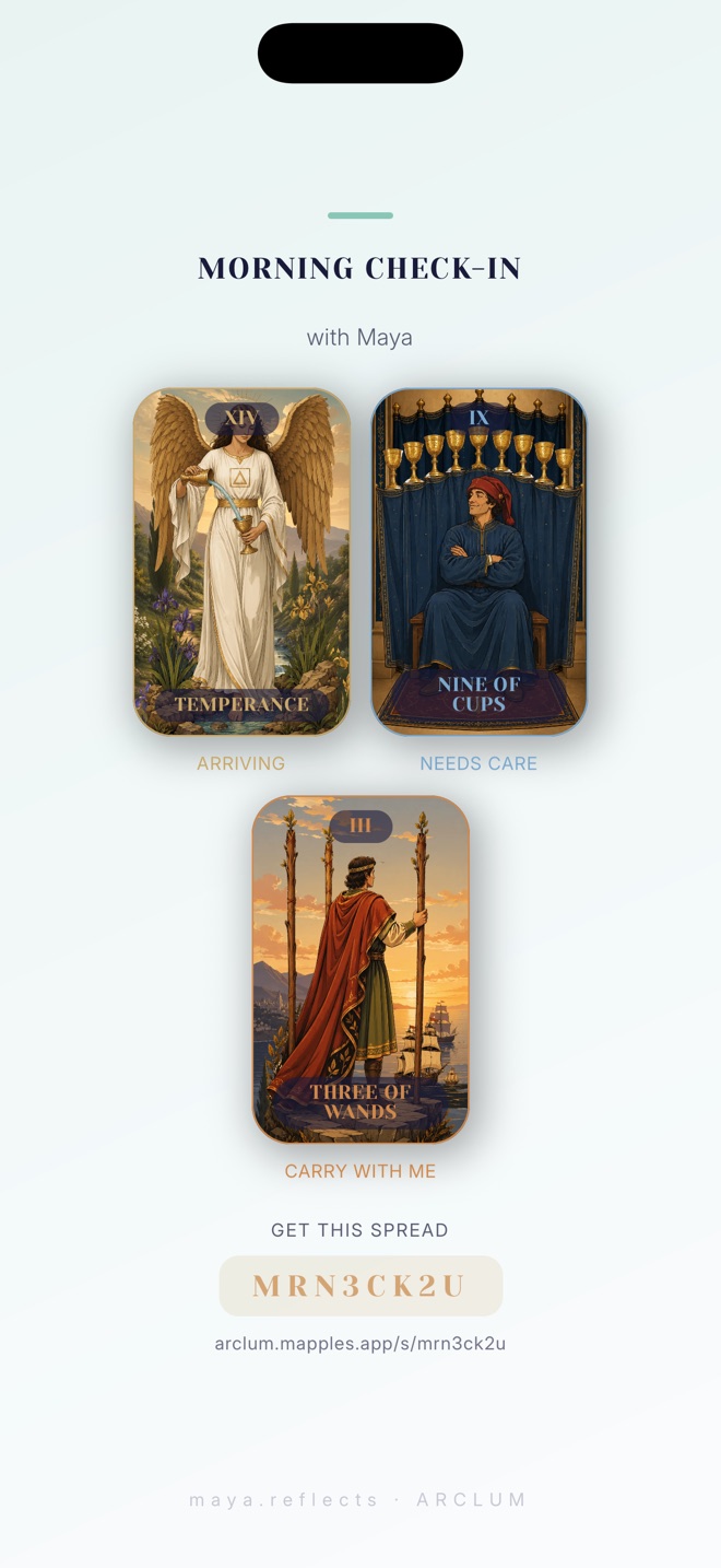 The closing frame of an Arclum presentation video, showing the three drawn cards and a share code