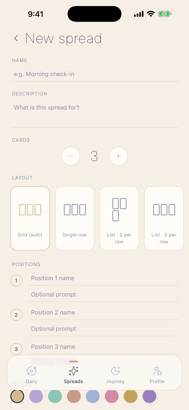 The Arclum spread builder with card count, layout templates and named positions